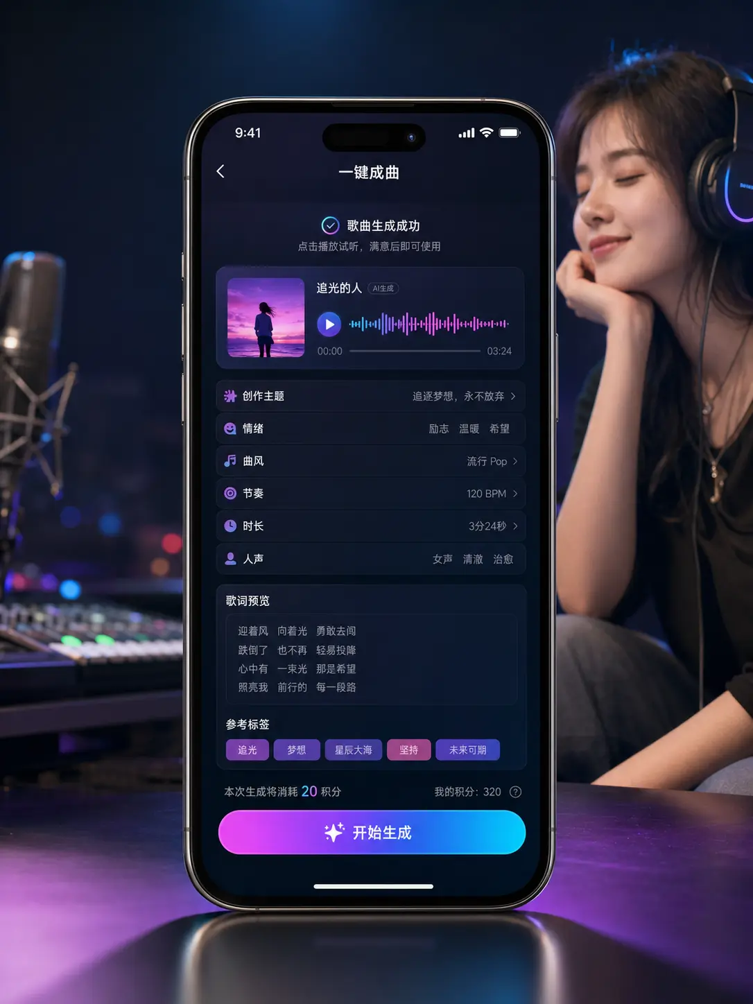 AI 音乐一键成曲关键业务确认手机界面