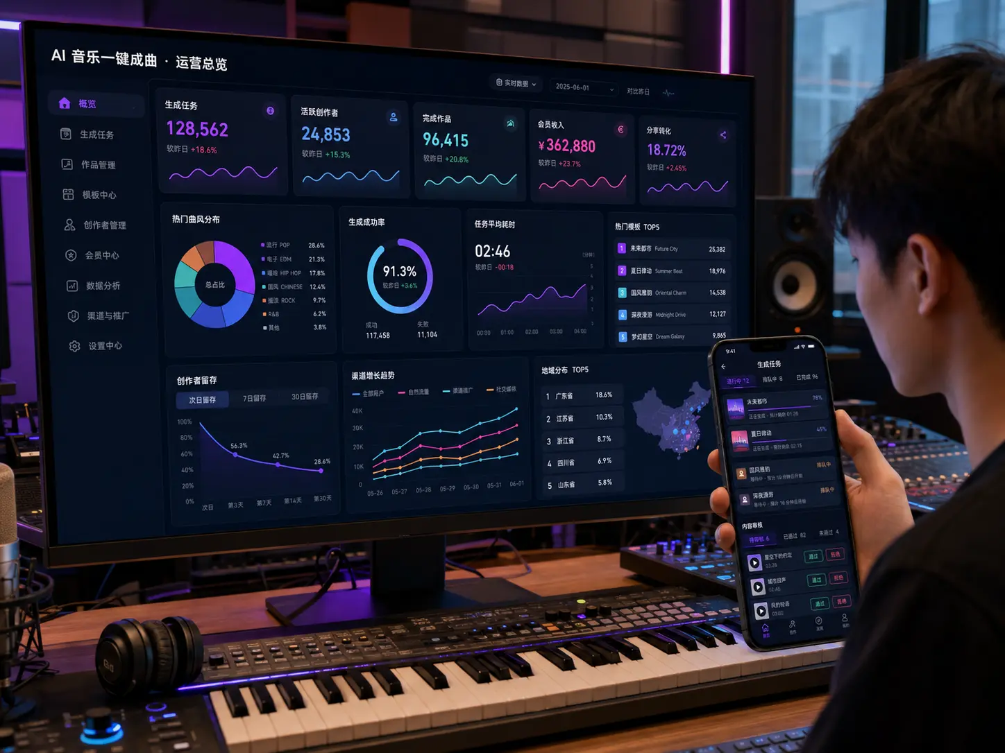 AI 音乐一键成曲经营数据管理后台