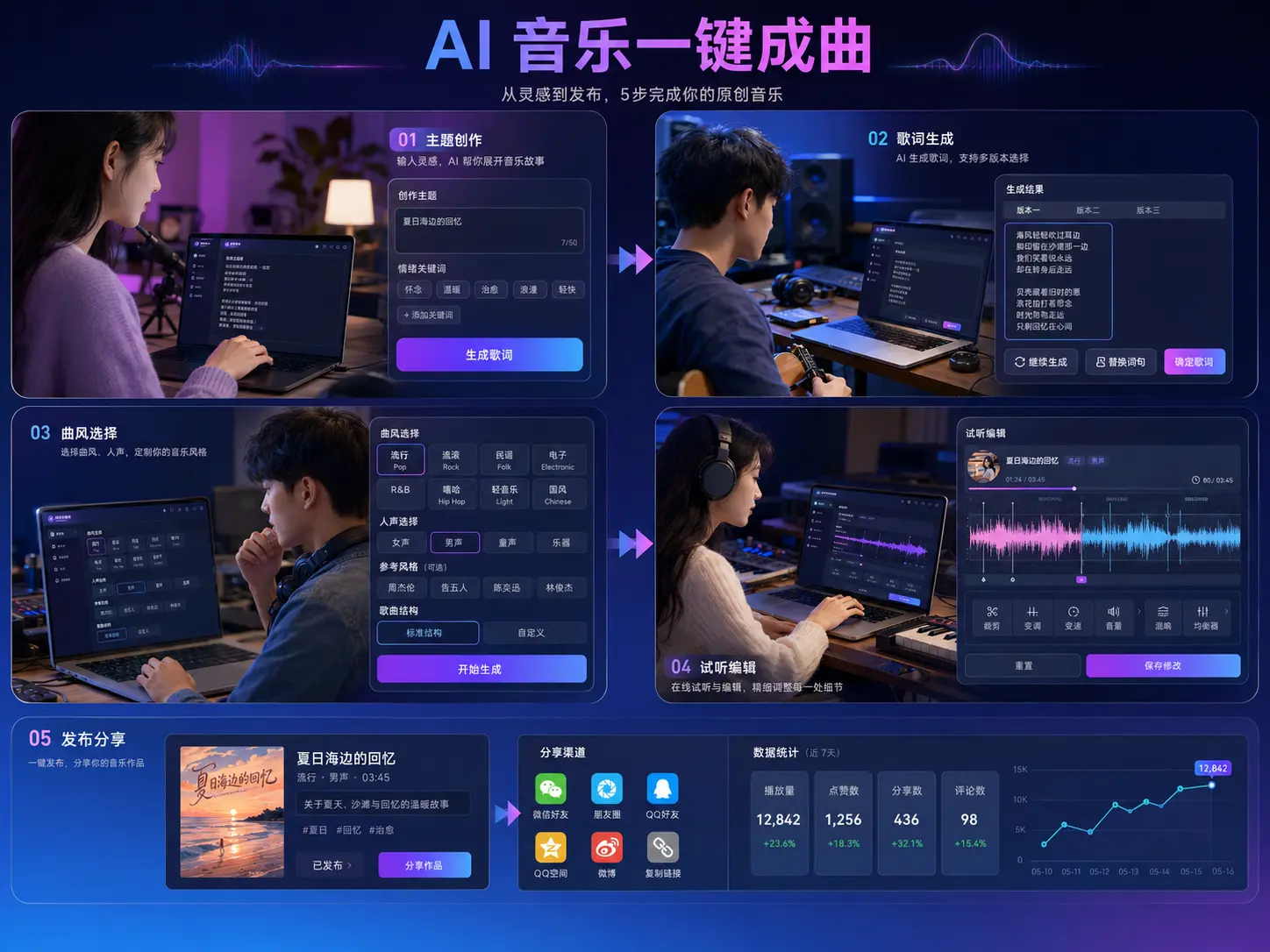 AI 音乐一键成曲真实业务场景与高保真产品界面