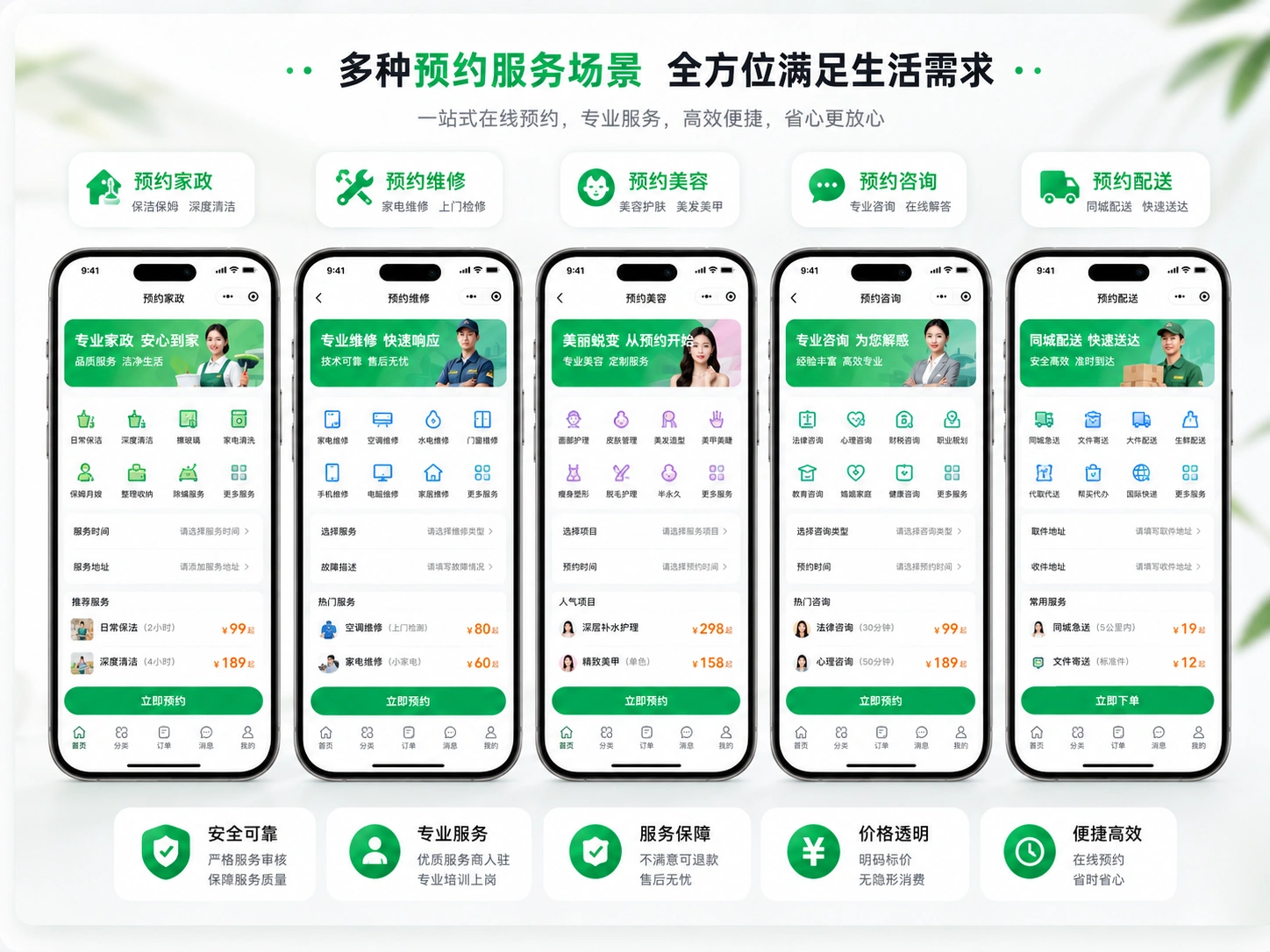 预约服务场景展示，包含预约家政、预约维修、预约美容、预约咨询和预约配送