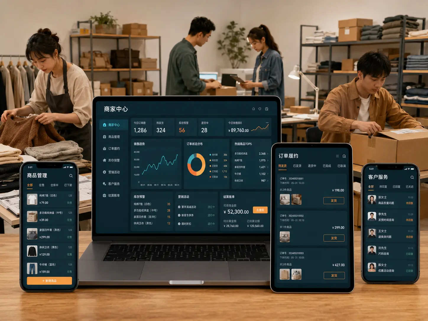 B2B2C 商城商家中心、商品管理、订单履约和客户服务高保真界面