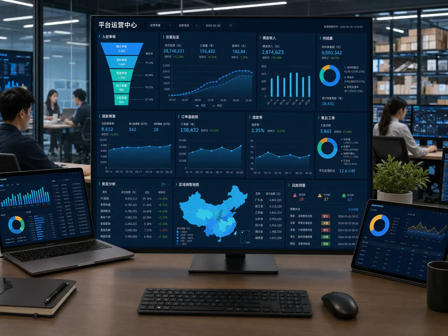 B2B2C 商城平台运营、交易、佣金、结算、售后和风险数据后台