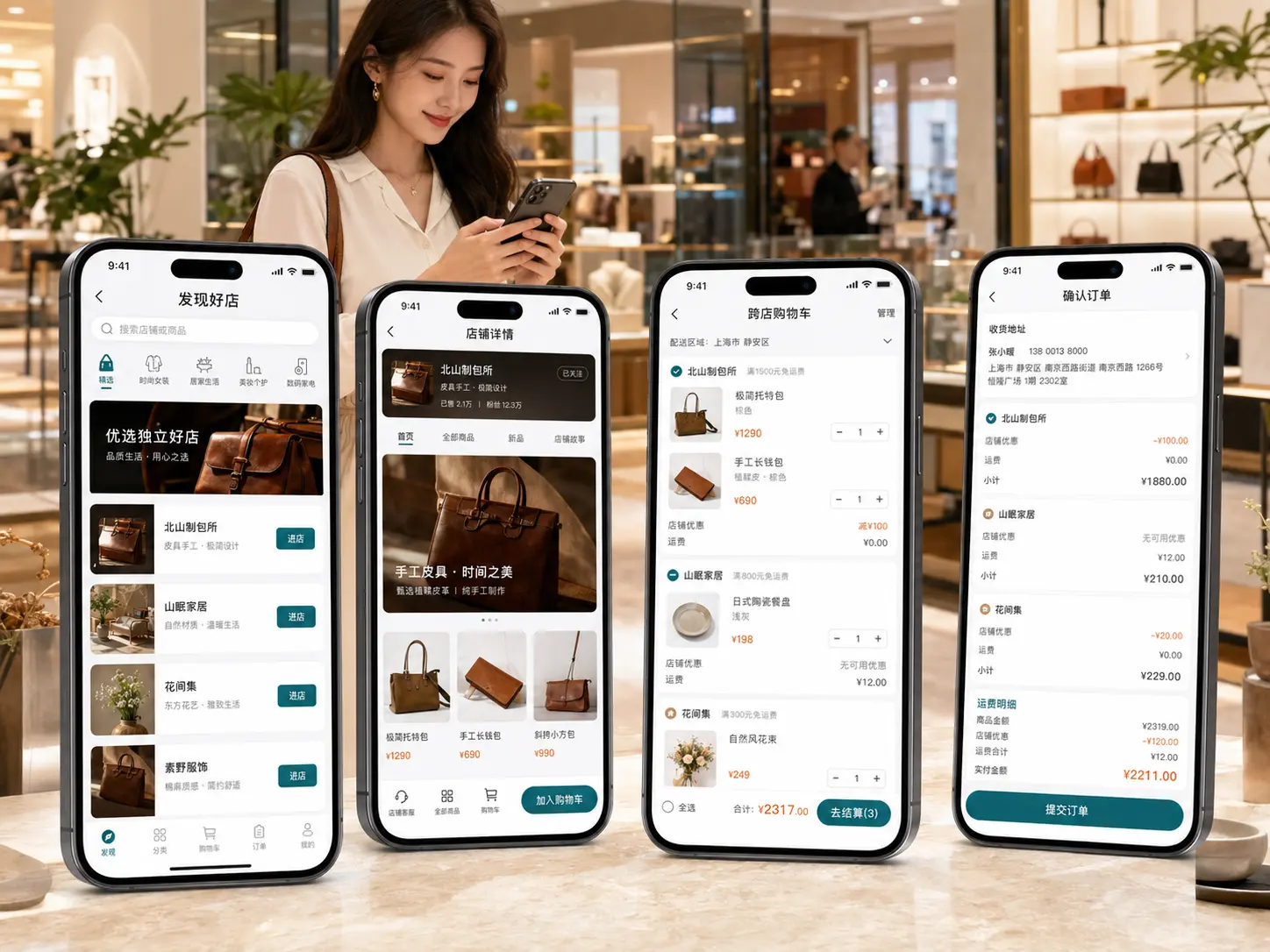 B2B2C 商城发现好店、店铺详情、跨店购物车与确认订单界面