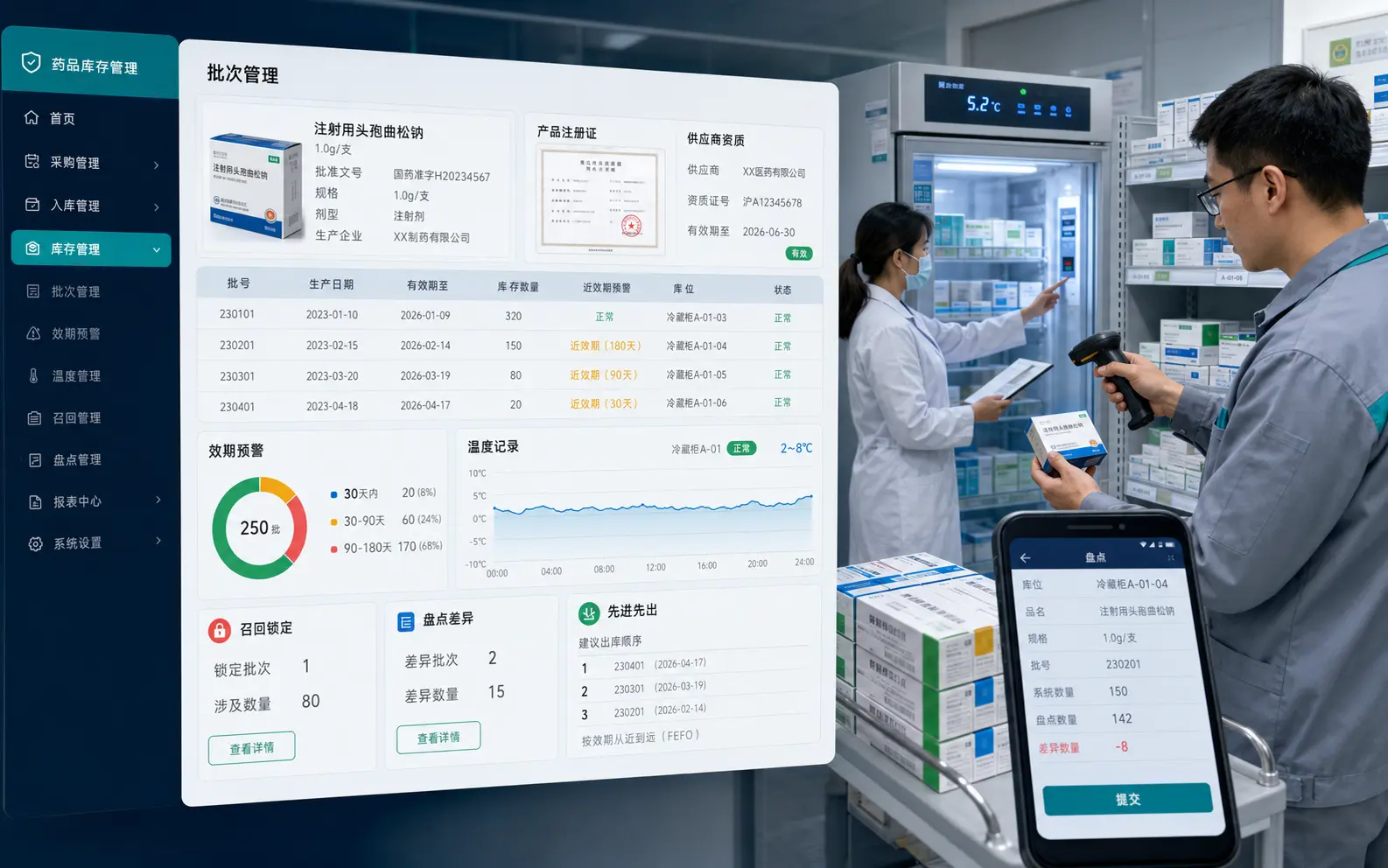 药品批次、效期、温控、盘点与召回管理界面