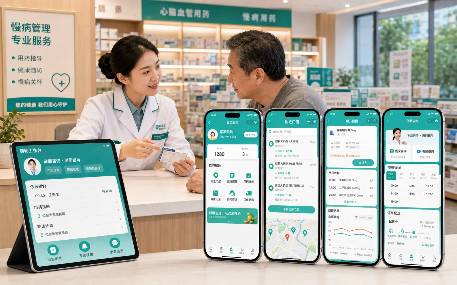 连锁药店会员小程序、附近门店、用药提醒与药师咨询界面