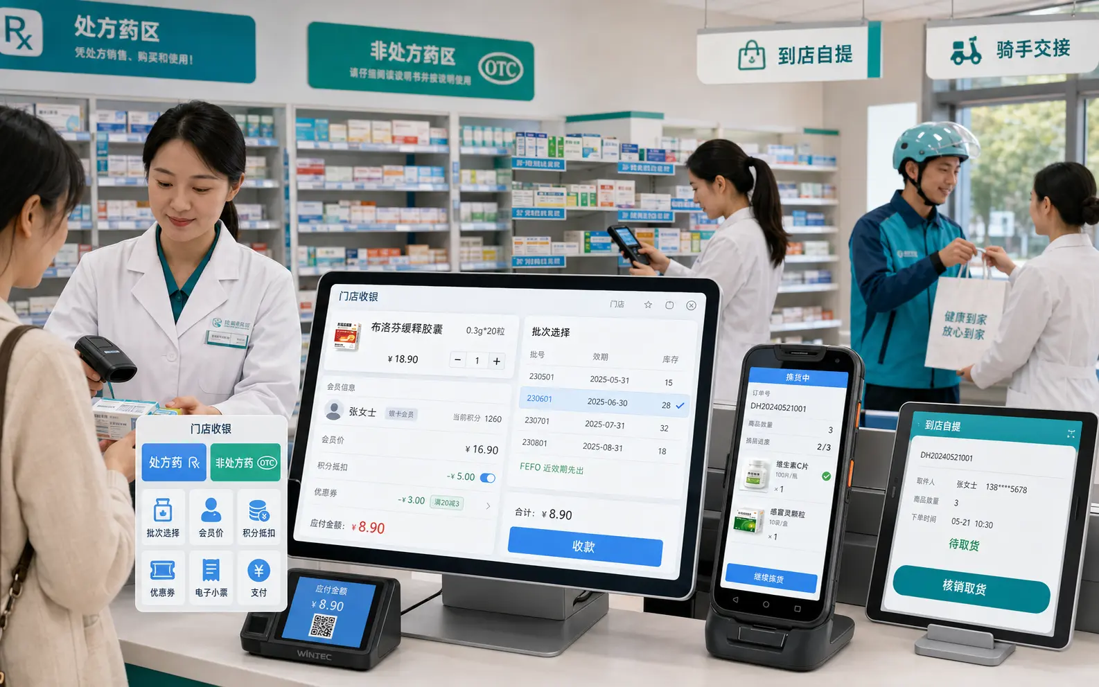 连锁药店门店收银、拣货、自提与配送界面