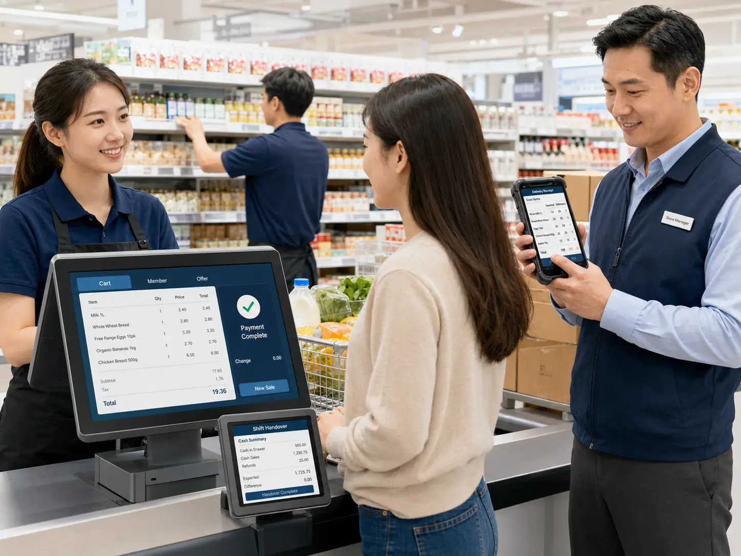 店长在门店通过POS和平板手机处理收货、销售、盘点和当班任务