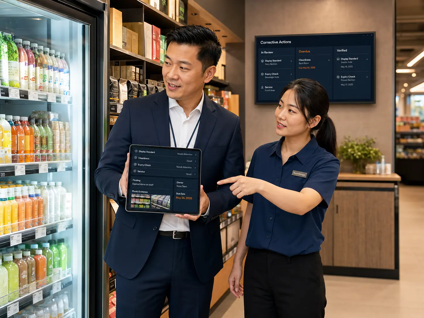 区域督导在连锁门店现场用平板进行陈列、服务、设备和安全巡检