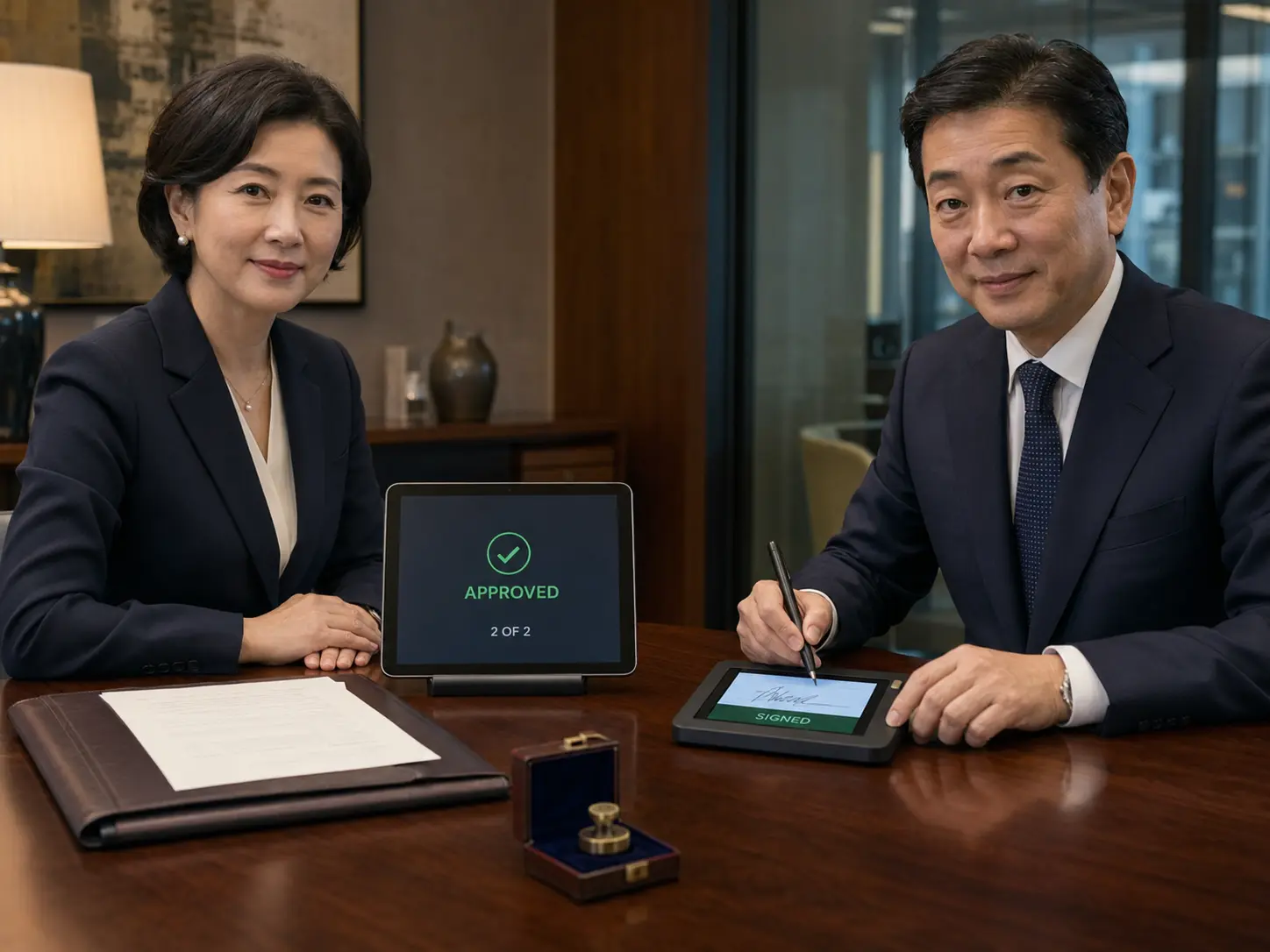 合同审批人和签署负责人通过企业终端核对获批版本、用印申请和电子签署状态