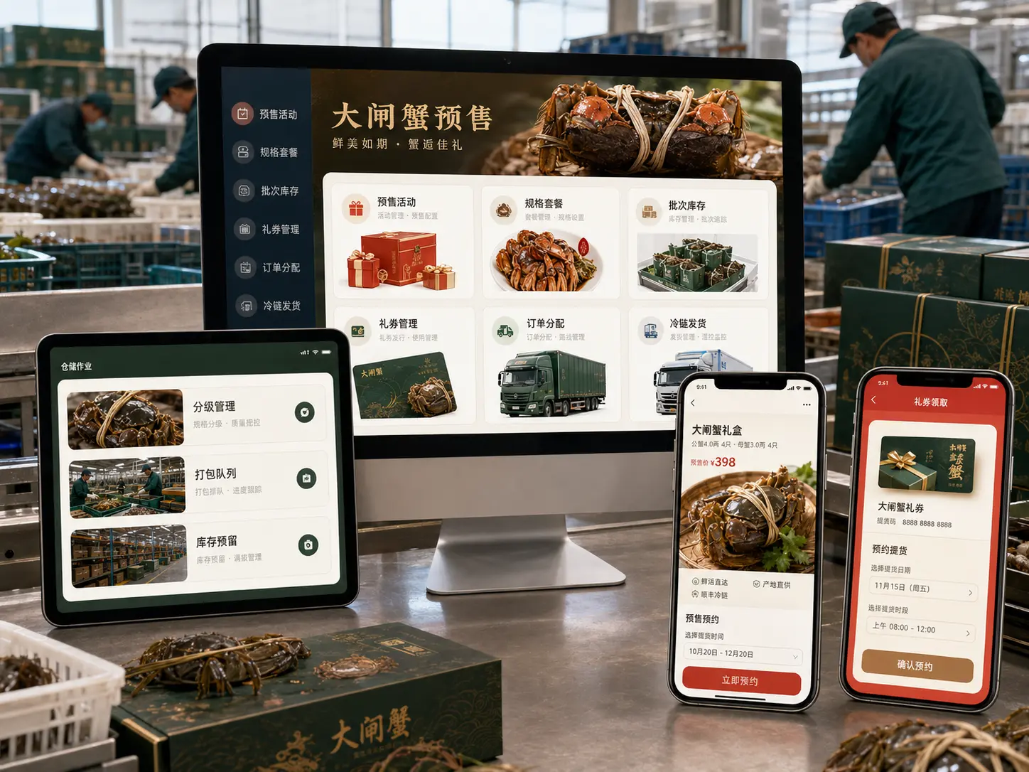 大闸蟹规格选择、预售档期、商品详情和订单管理的多端高保真界面