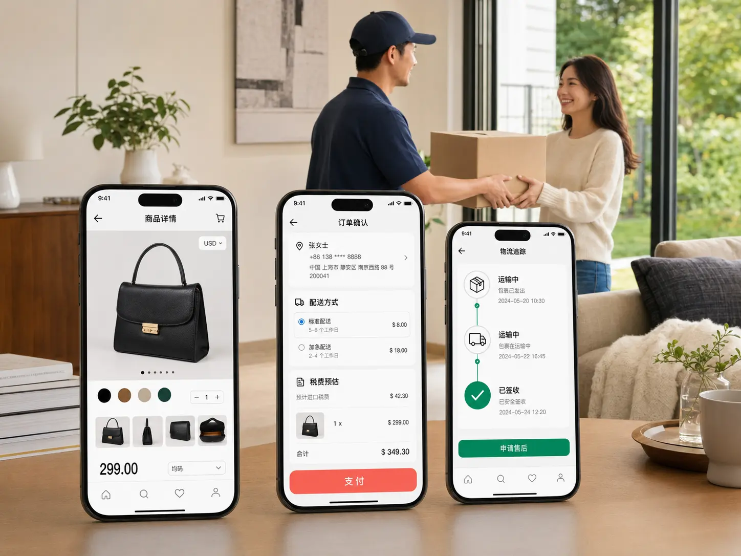 跨境商城商品详情、配送税费结算、国际支付、物流追踪与售后申请手机界面