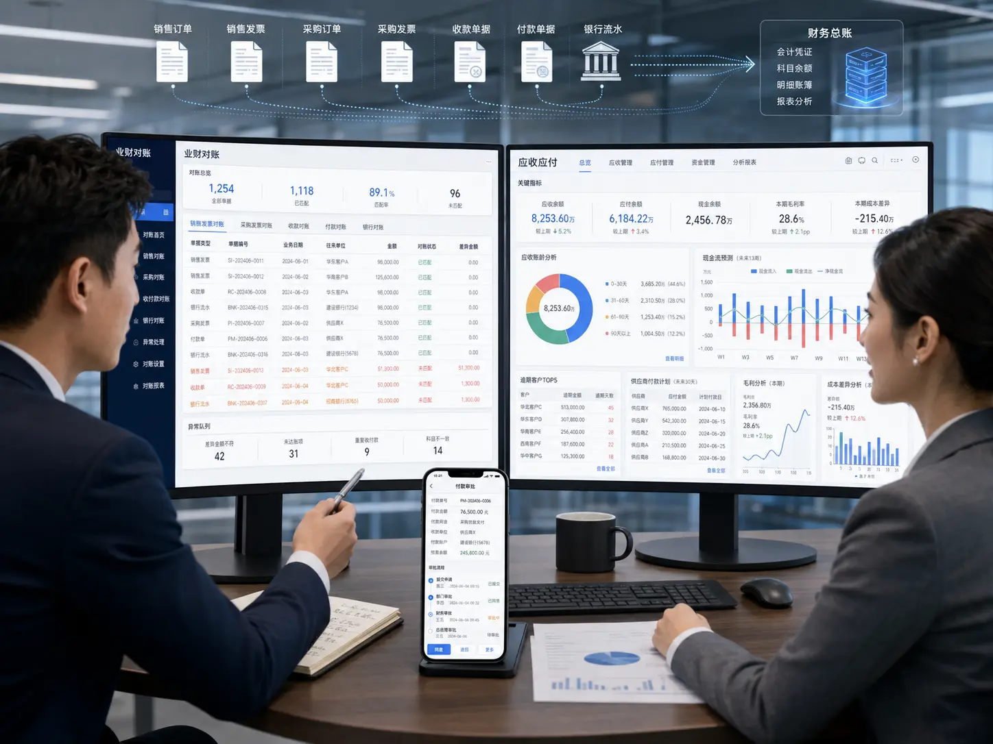 ERP 业财对账、应收应付、现金预测与付款审批高保真界面