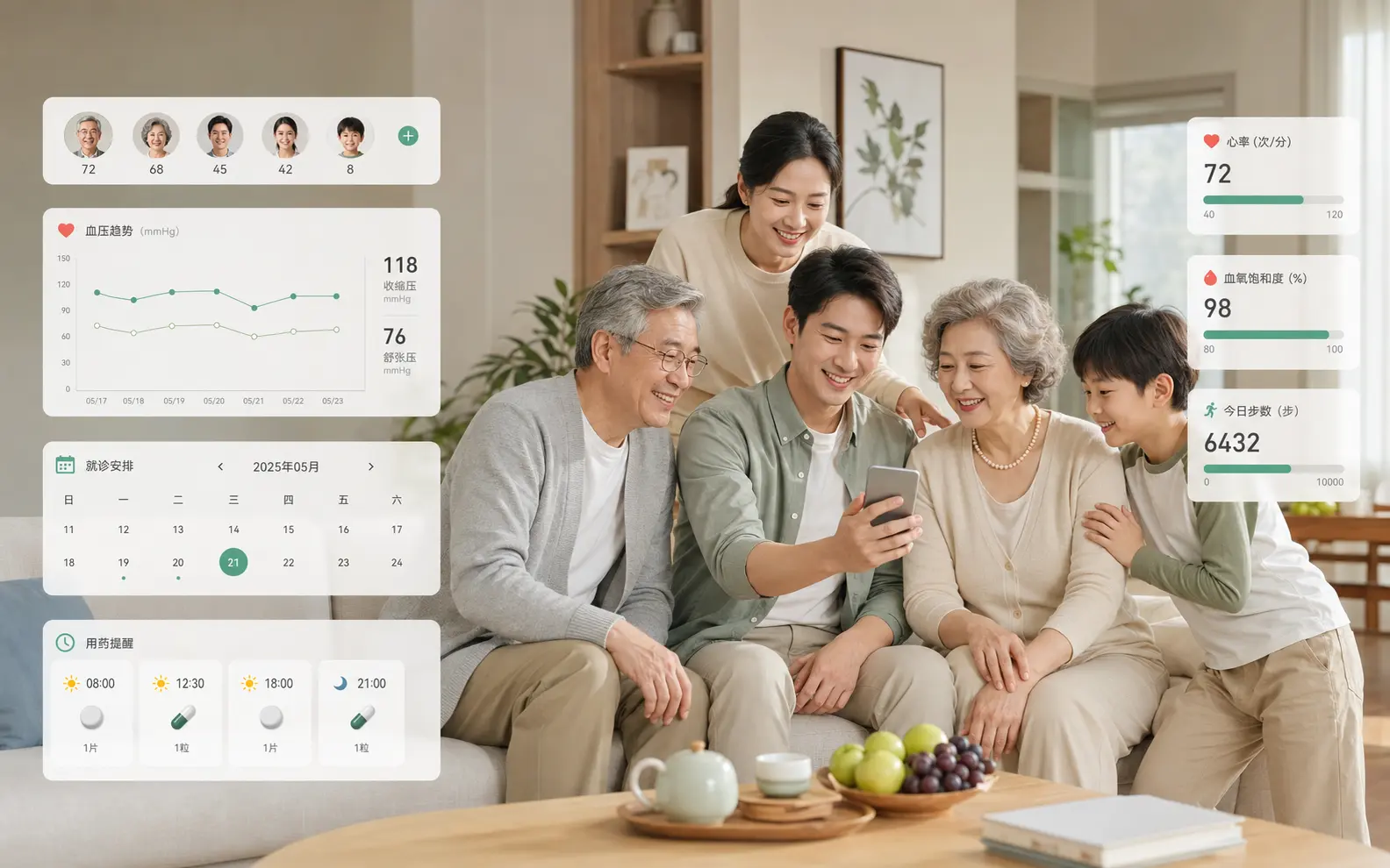 多代家庭共同使用家庭健康档案 APP