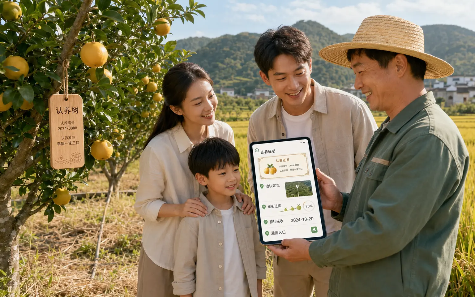 家庭在果园查看认养果树和数字认养档案