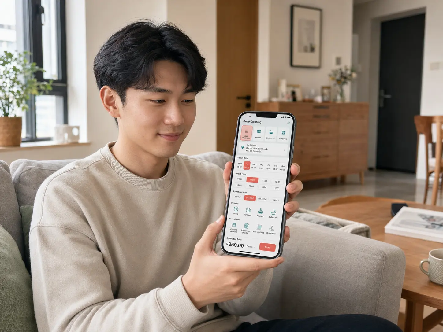 用户在家中使用小程序选择家政项目、预约时段和服务地址