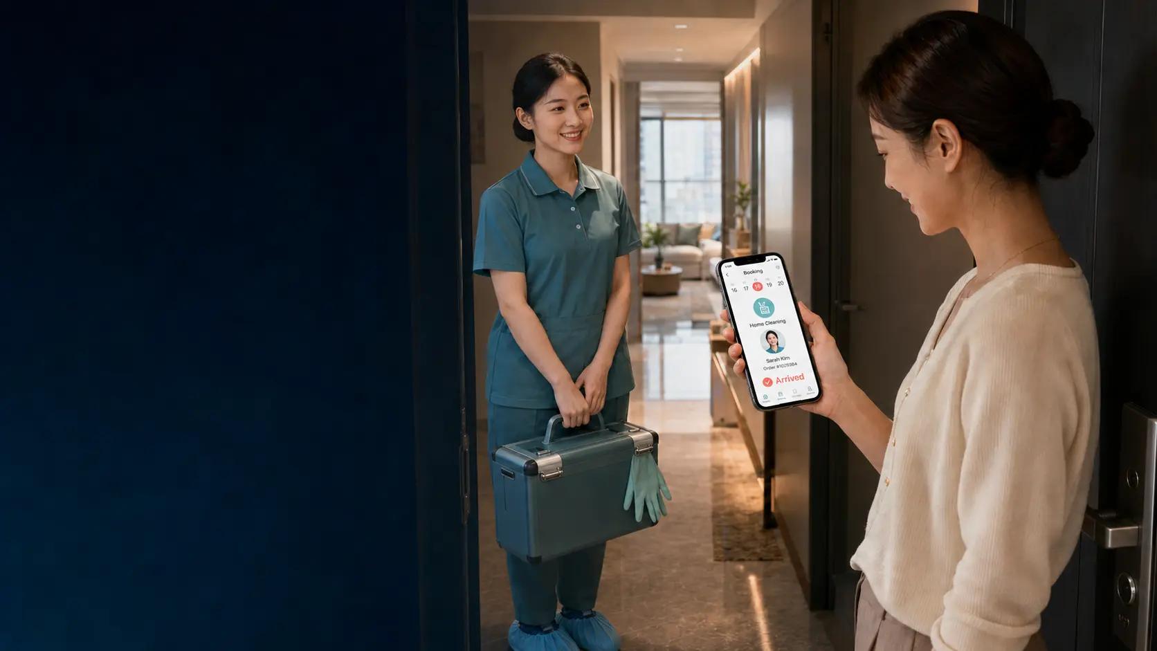 A home service professional arriving at the customer's door while the customer verifies the English booking interface