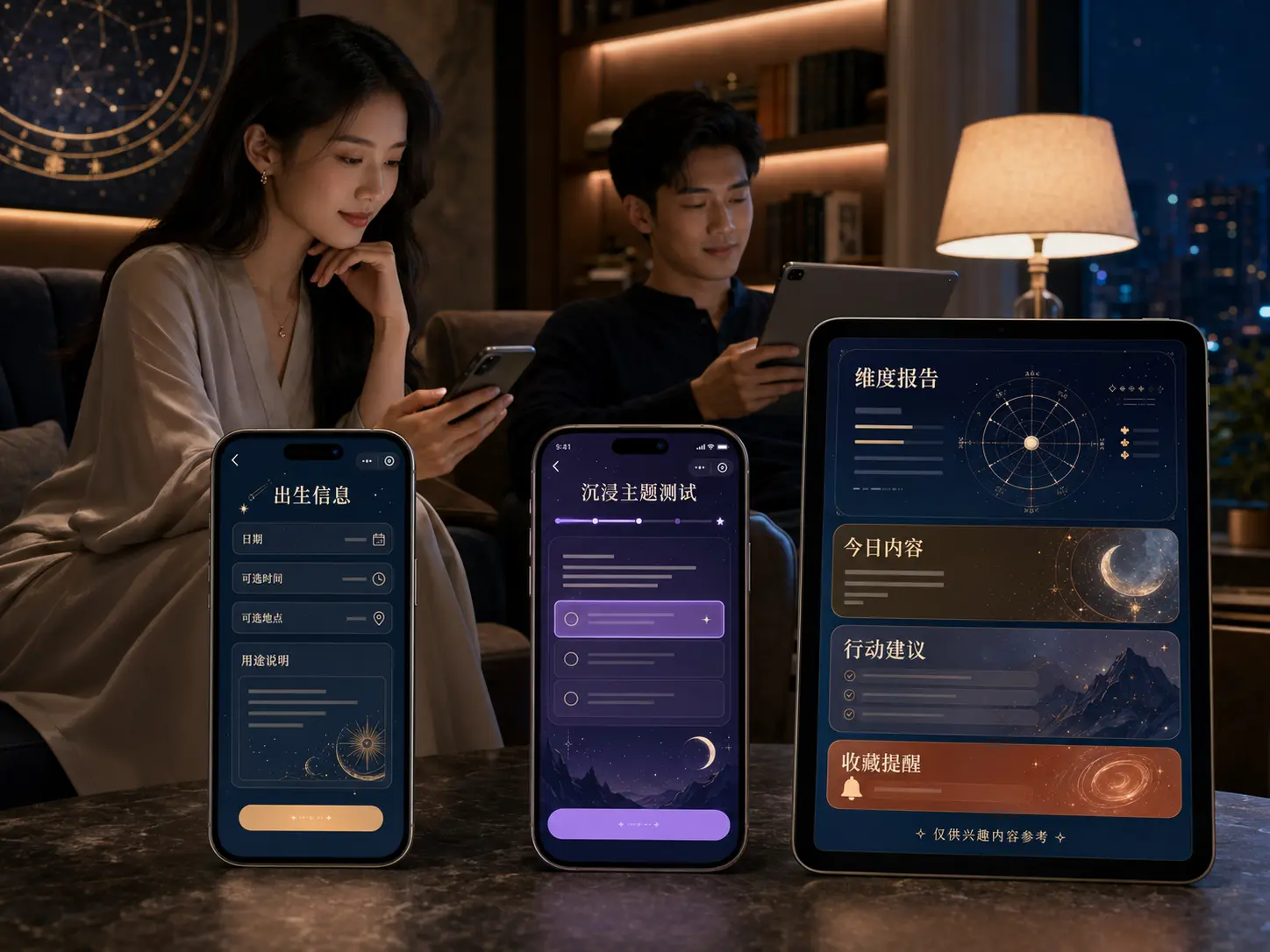 星座测试小程序互动测试和多维兴趣报告高保真手机界面