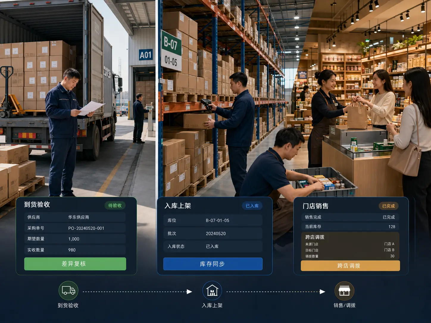 供应商到货验收、仓库入库、门店销售、调拨和经营协同的真实进销存业务场景