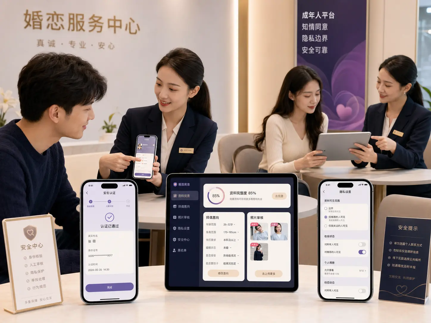 成年人身份核验、隐私设置与安全互动真实场景和产品界面