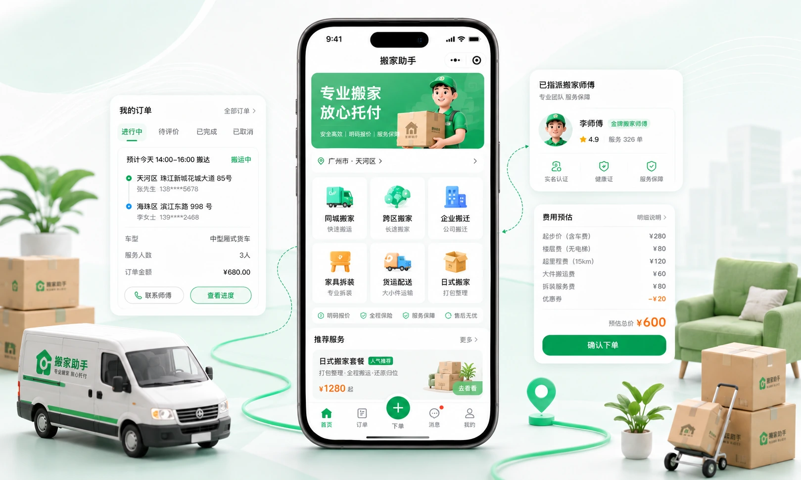 搬家小程序主视觉，展示用户预约搬家、搬家师傅接单、费用预估和搬家服务场景