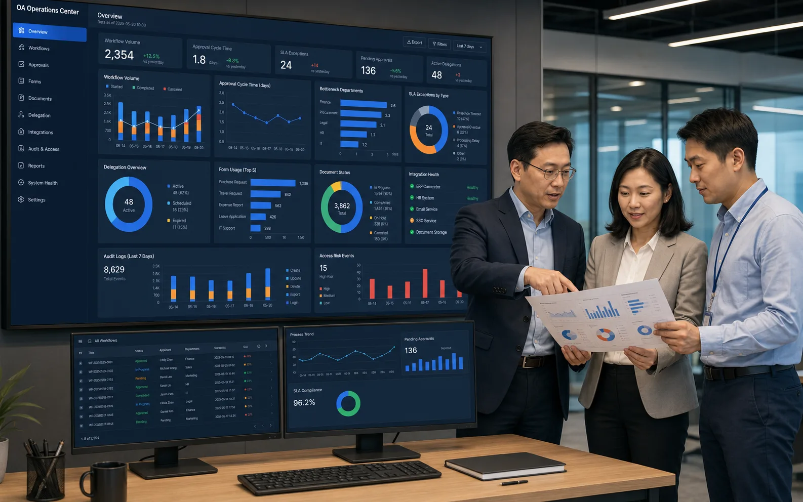 企业管理团队查看高保真 OA 运营后台，包括流程量、周期、瓶颈、SLA、集成和审计风险