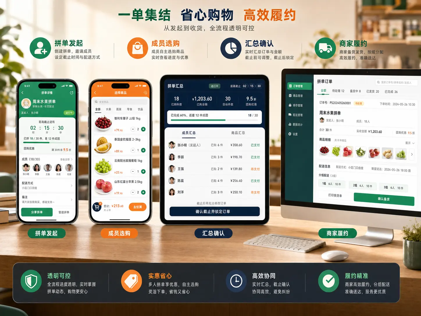 拼单发起、成员选购、汇总确认和商家履约多端高保真界面