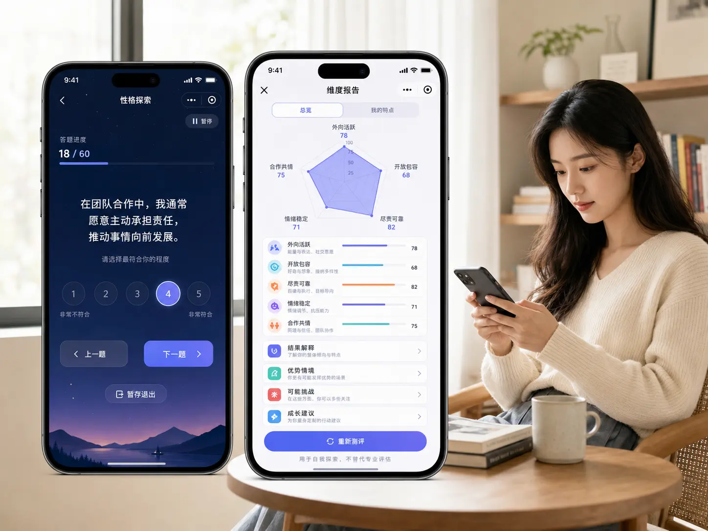 性格测试小程序沉浸答题和多维结果报告高保真手机界面
