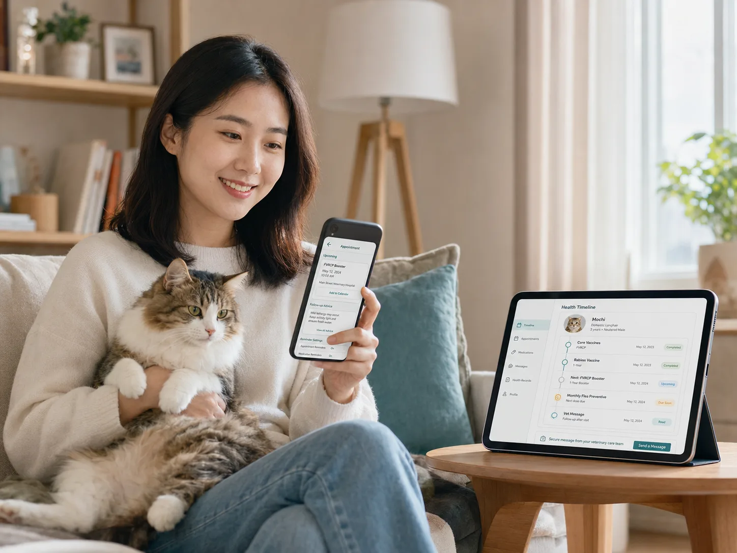 宠主在家查看宠物疫苗记录、复诊提醒和健康时间线的高保真手机与平板界面