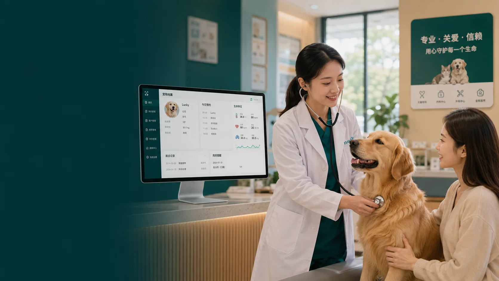 宠物医生为犬只诊疗，真实宠物医院场景中的电脑展示高保真宠物电子病历界面