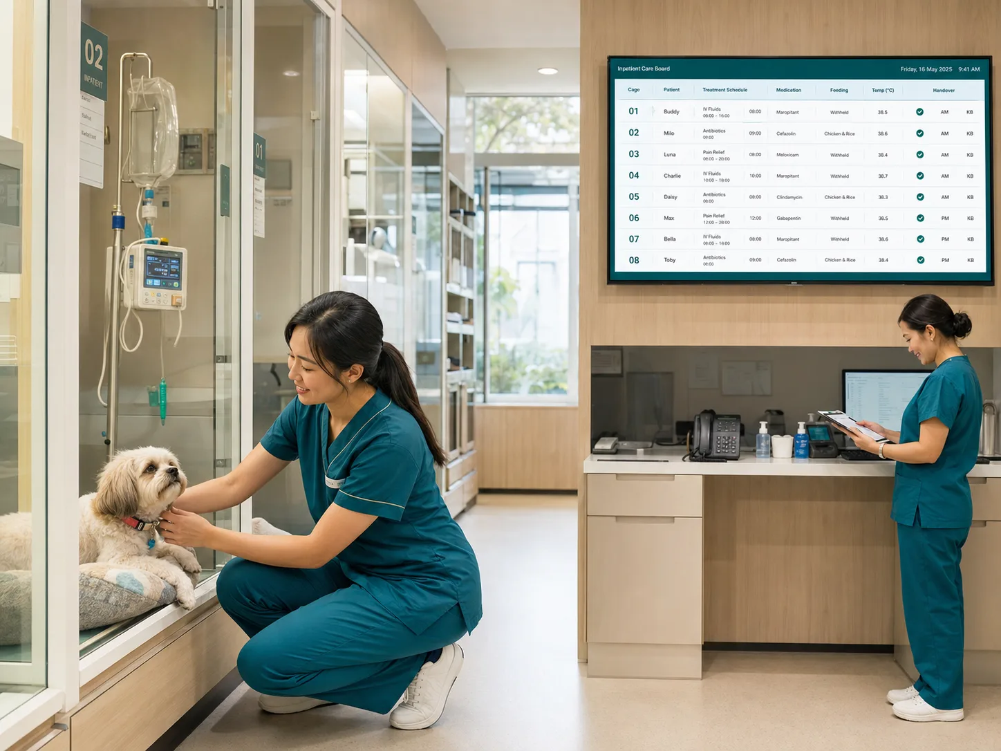 宠物医院住院区护士照护犬只，墙面屏幕展示高保真床位护理与交接班看板
