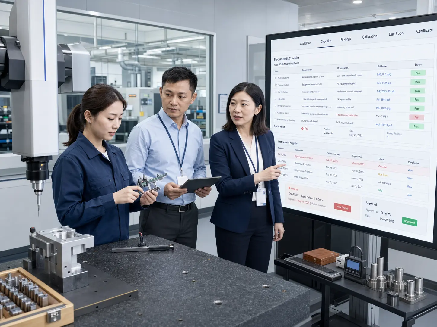 审核员和计量人员在车间查看审核检查表、文件版本、量具校准和整改证据