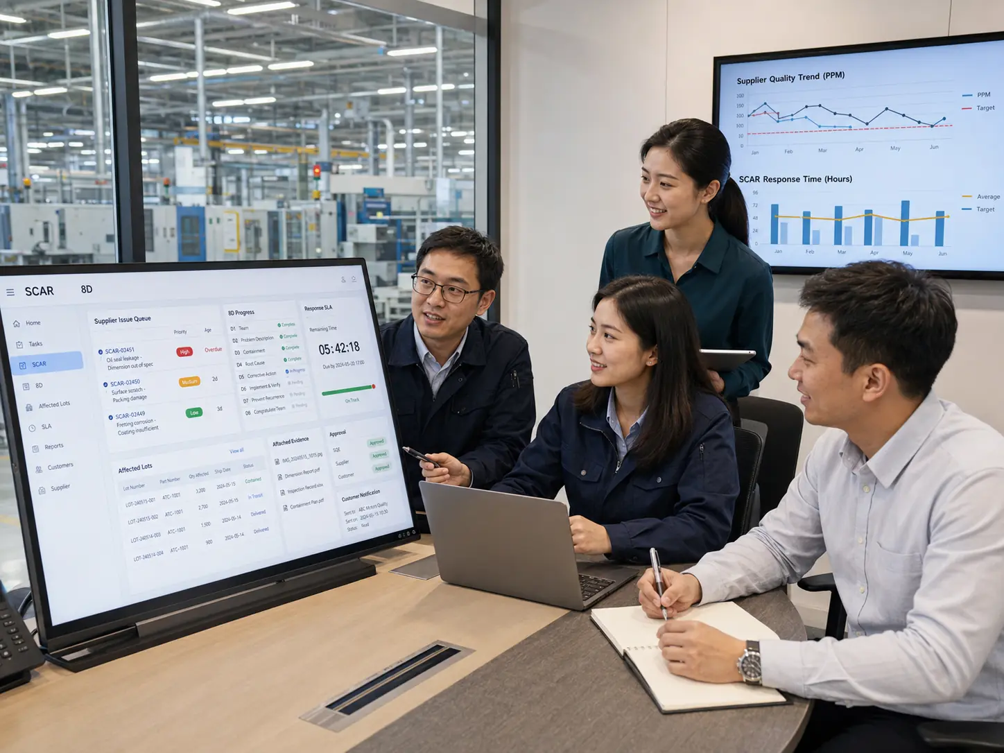 SQE与供应商在工厂现场核对来料缺陷、SCAR、8D和客户质量反馈界面