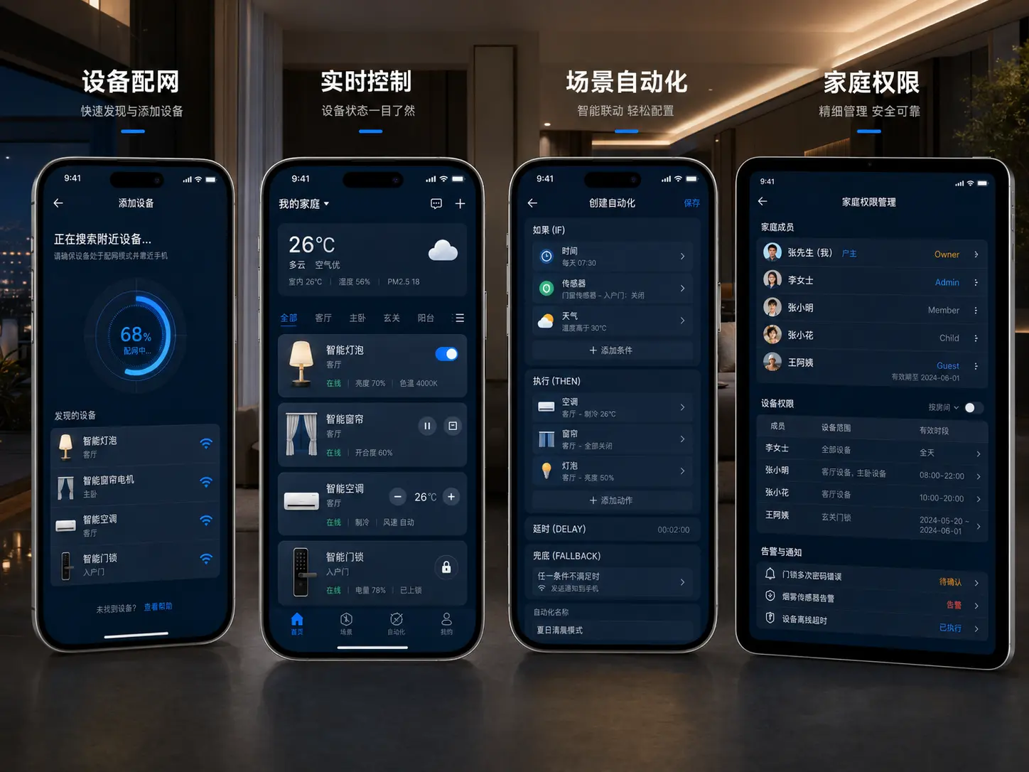 设备配网、实时控制、场景自动化和家庭权限四类智能家居高保真界面