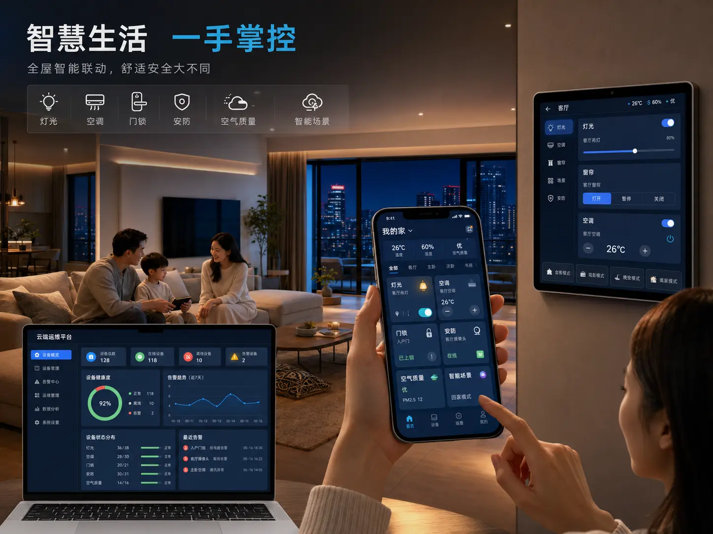 真实家庭使用智能家居 APP 控制灯光、窗帘、空调、门锁与安防设备的高保真界面