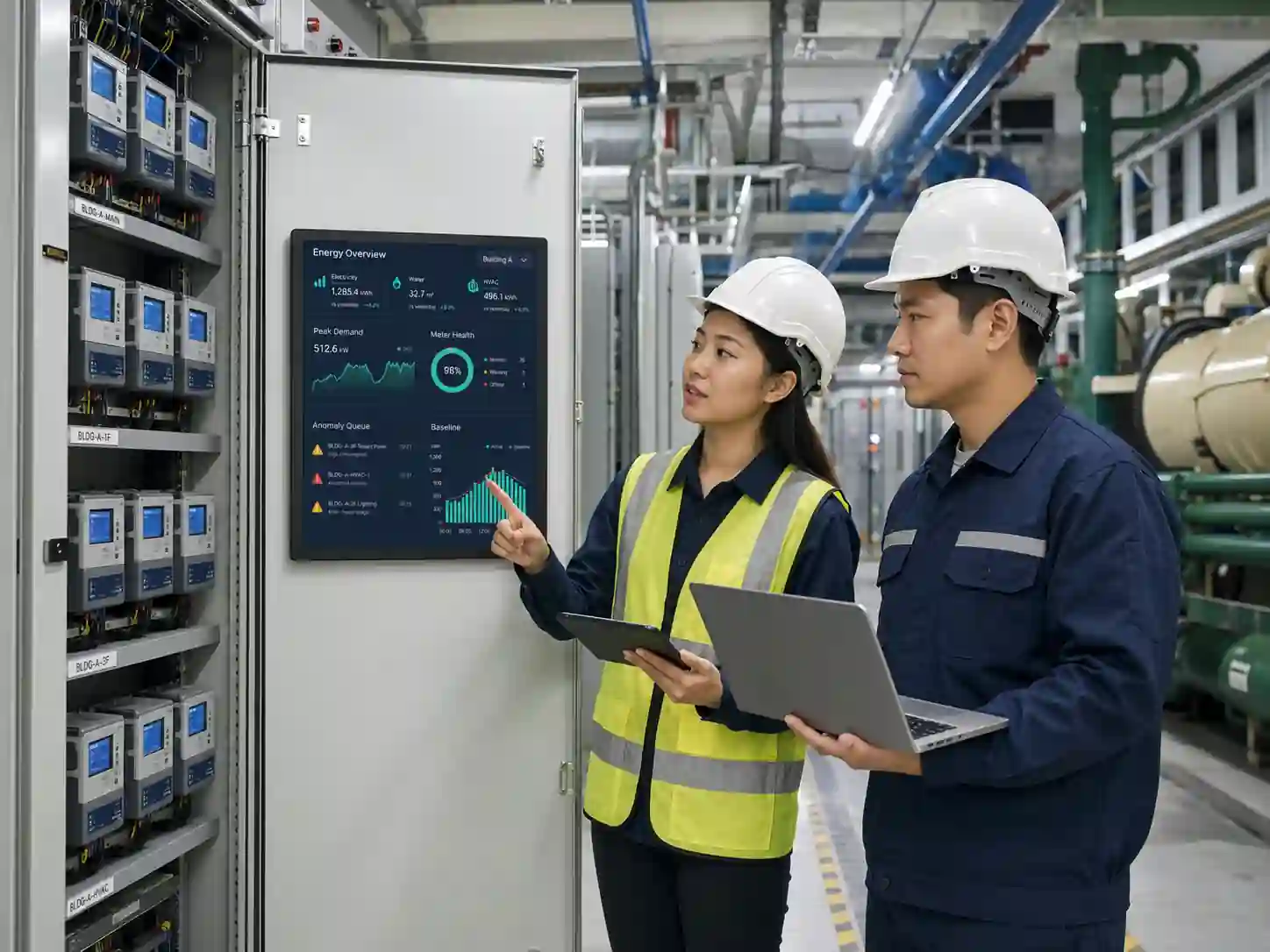 园区能源运营团队查看分区用电、峰谷负荷、设备效率和碳排分析