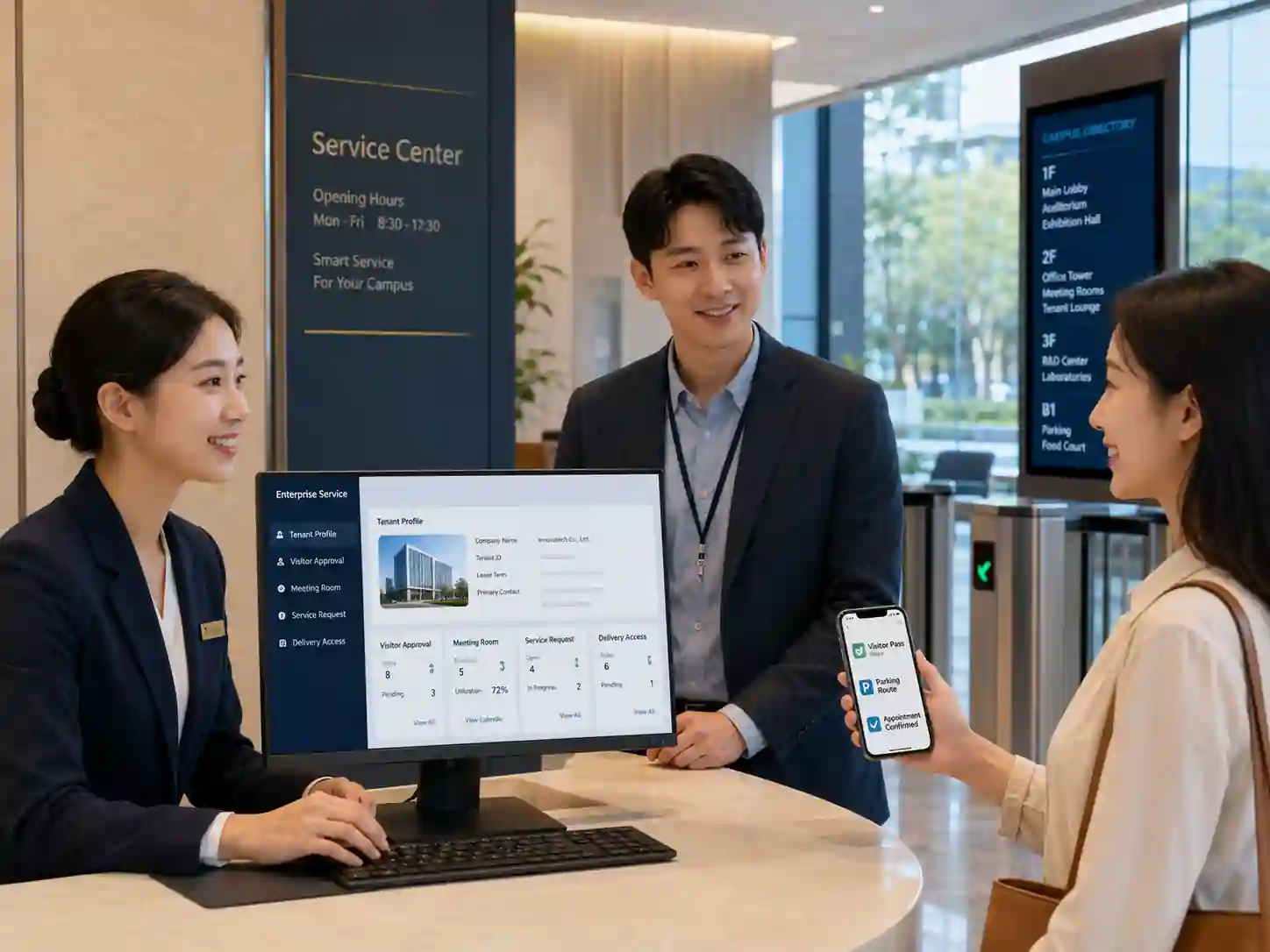园区企业服务中心协同企业入驻、员工通行、访客预约和车辆授权