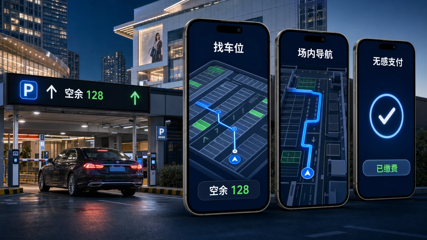 商业停车场实景与找车位、场内导航、无感支付高保真手机界面