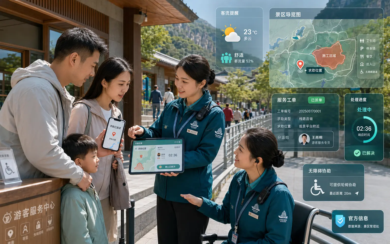 景区游客服务、安全提醒与事件协同界面