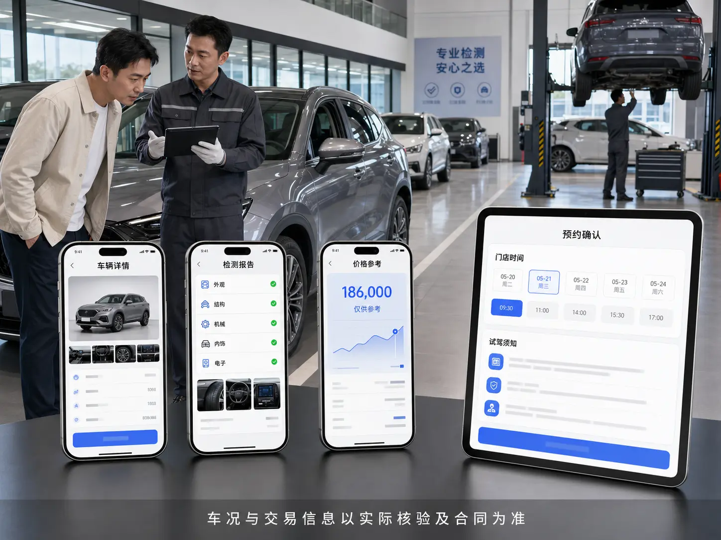 二手车交易小程序车辆检测报告、价格参考和预约看车高保真手机界面