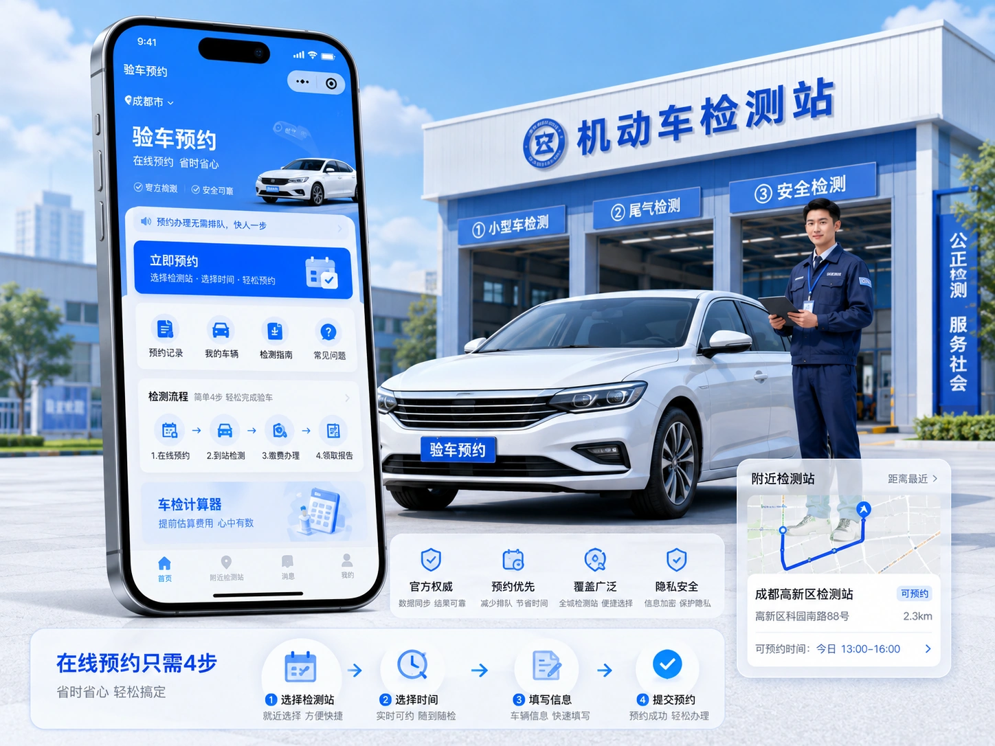 验车预约小程序主视觉，展示用户呼叫验车、检测员接单、订单进度和车辆服务