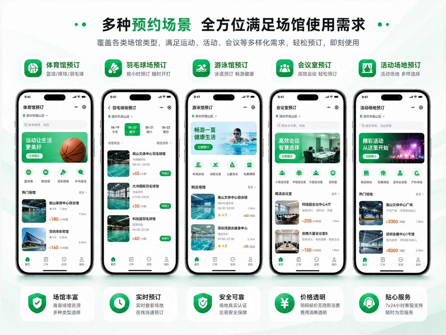 场馆预约服务场景展示，包含体育馆预约、羽毛球馆预约、游泳馆预约、会议室预约和活动场地预约