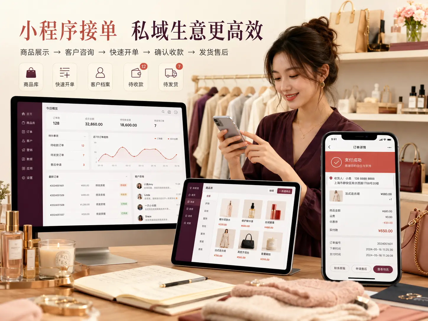 精品店主使用微商接单小程序处理客户咨询、商品、订单和收款